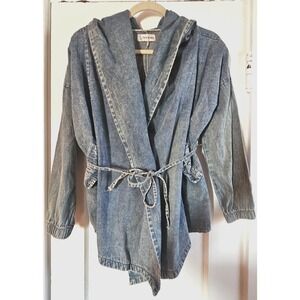 Vintage TWO BABY Denim wrap open front jacket pockets string ties hood woman M/L